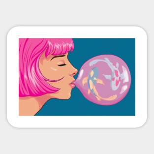 Pink Haired Girl Blowing Bubble Gum Koi Fish Sticker